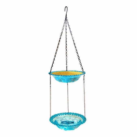 RICHMJ Hanging Bird Bath , 2 layer structural Glass Bird Bath Hummingbird Outdoor Bird Feeder For Garden Yard Decoration,Without Solar-Powered(B)