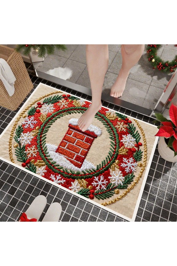 Knit-Look Christmas Rug -16"x24" Small Red Indoor Holiday Rug -Chimney Doormat- Snowflake Winter Xmas Garland Decor Washable Mat for Entryway Kitchen Porch Bathroom Non Slip (Chimney)