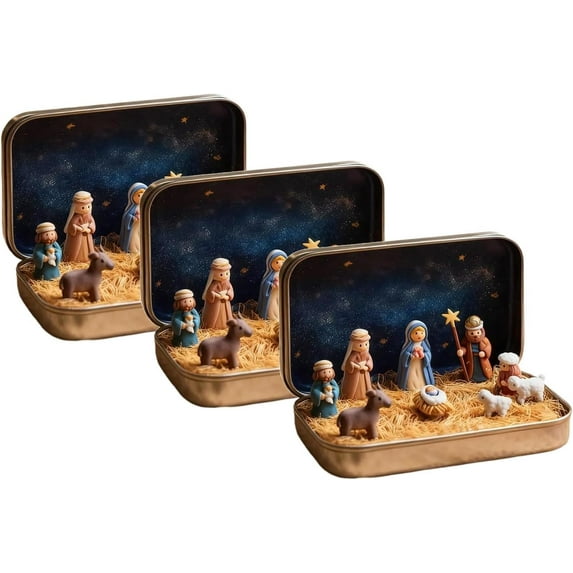 RICHMJ Mini Christmas Nativity Set in a Tin Box-Handcrafted Pocket Size Nativity Scene Gift Tin - Portable Nativity Sets & Figures, Christmas&Religious Decor for Home Travel Ornament Gifts(A-3PCS)