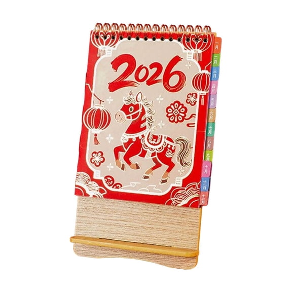 RICHMJ2026 Desk Calendar 6 Style Options, Chinese Year Horse Theme, Wooden Base Spiral Bound Desktop Calendar with Monthly Tabs, for Home, Office, Desk Decor & Year Gifts(D)