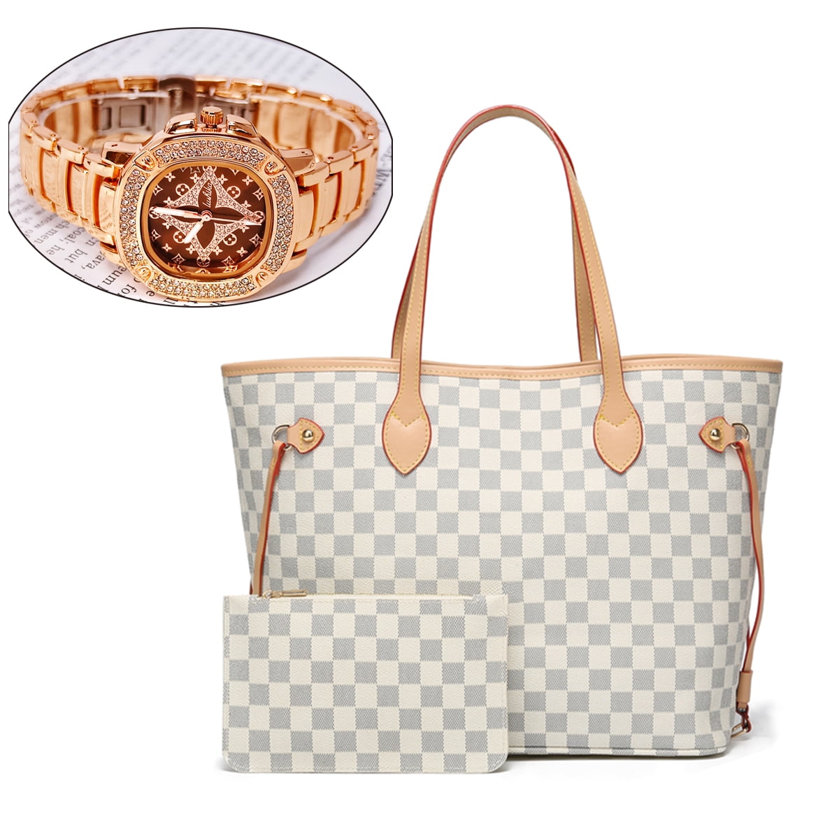 RICHPORTS 2PCS Bag Set Checkered Tote Shoulder Bags With Women's Rose Gold  Tone Bracelet Watch