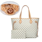 RICHPORTS 2PCS Bag Set Checkered Tote Shoulder Bags With Women's Rose Gold Tone Bracelet Watch