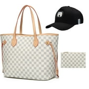 RICHPORTS Checkered Tote Shoulder Bag with inner pouch - PU Vegan Leather （White）