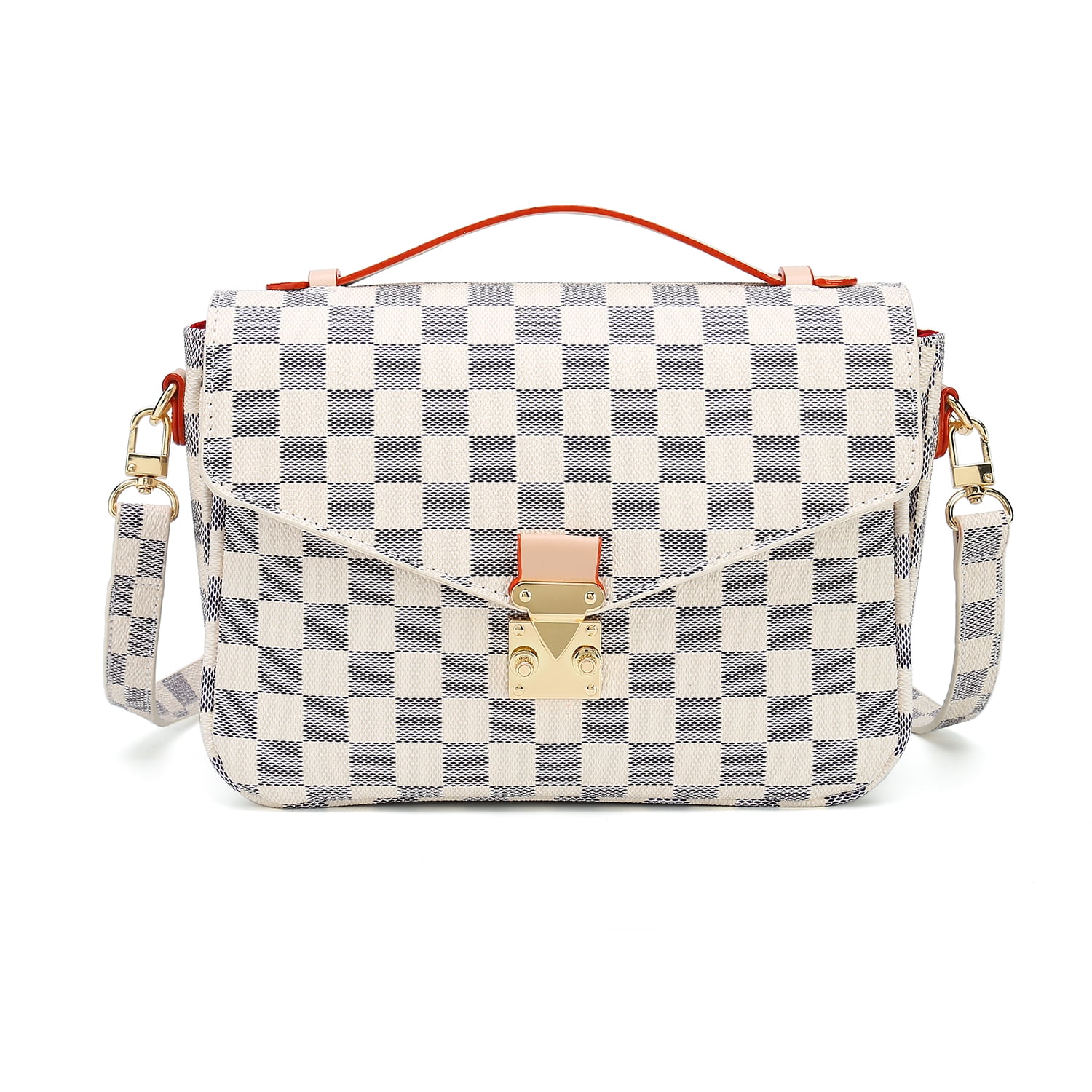 RICHPORTS Checkered Tote Shoulder Bag with inner pouch - PU Vegan Leather  （white） 