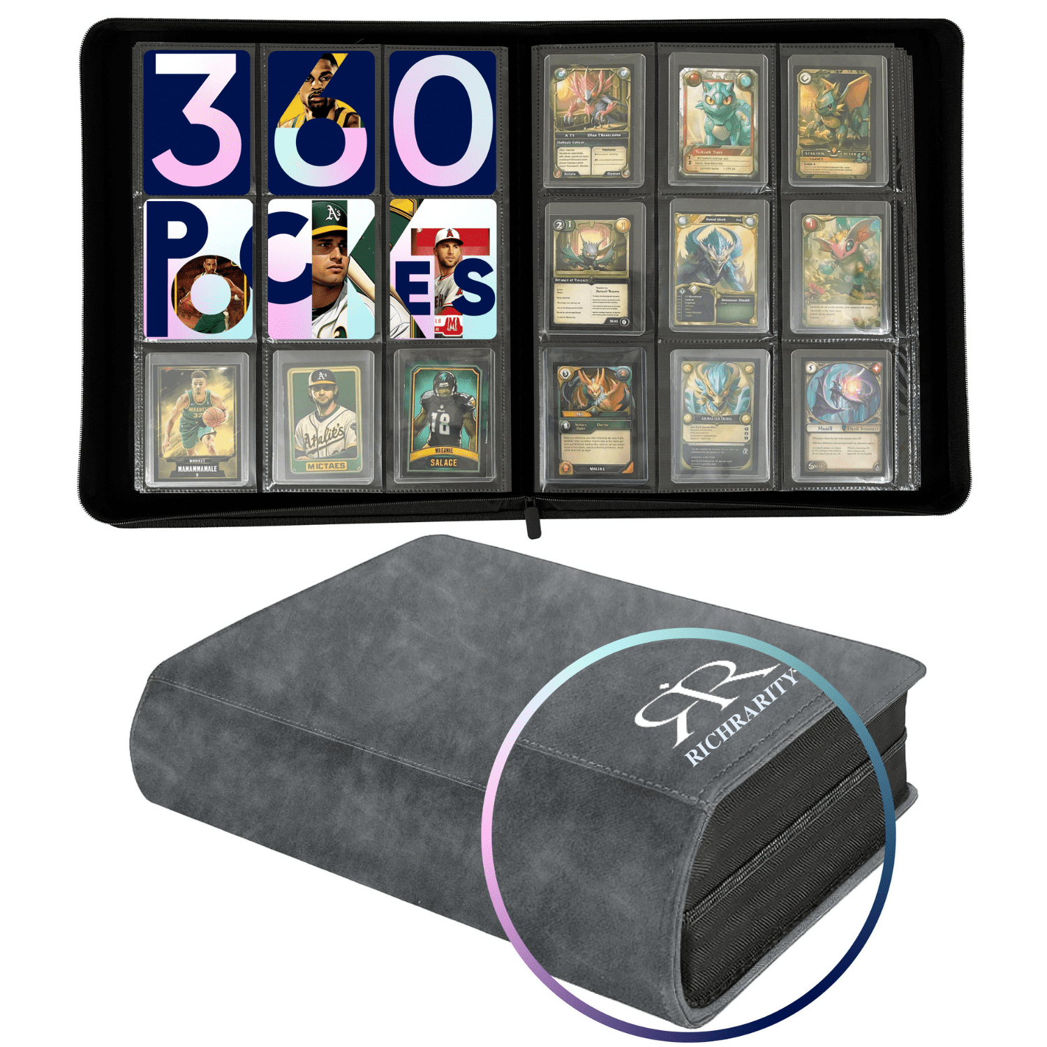 card pack binder Corsweet Leather Toploader Binder for Trading Cards, 9 Pockets, 360  Capacity, Black