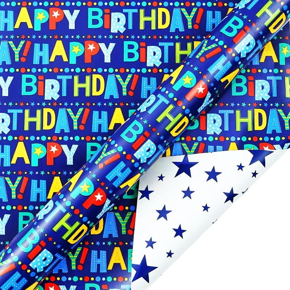 RICHTOP Reversible Blue Happy Birthday Gift Wrap Paper Roll, 18.1 in x 33 ft
