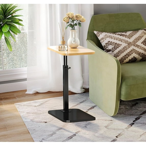 Beuway 15.7"Small End Table,360°Swivel Top & Adjustable Height Sofa C-Shaped Side Table for Living Room/Bedroom,Natural