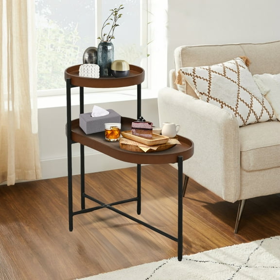 RICHYOUNG 2 Tier End Table with Wood Storage Shelf,Coffee table Modern Nightstand for Living Room(Walnut)