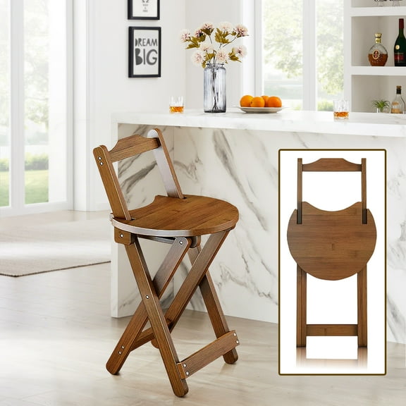 Beuway 27"Foldable Bamboo Bar Stool with Back & Footrest,Counter Height Chair for Home Camping(Brown,S)