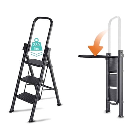 Beuway 3-Step Folding Ladder,with Foldable Extended Handrail & Wide Anti-Slip Pedal Step Stool(Black)