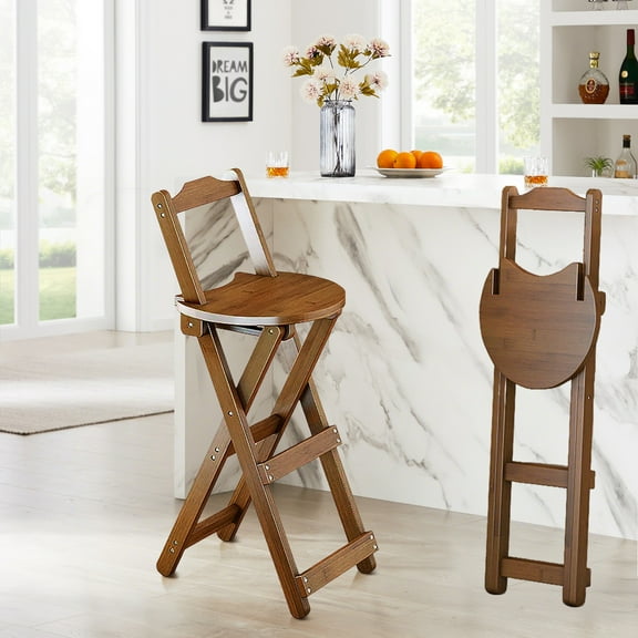 Beuway 33"Foldable Bamboo Bar Stool with Back & Footrest,Counter Height Chair for Home Camping(Brown,M)