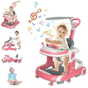 RICHYOUNG 5-in-1 Foldable Baby Walker with Wheels Music,Height-Adjustable Push Walker for Girl(Pink)
