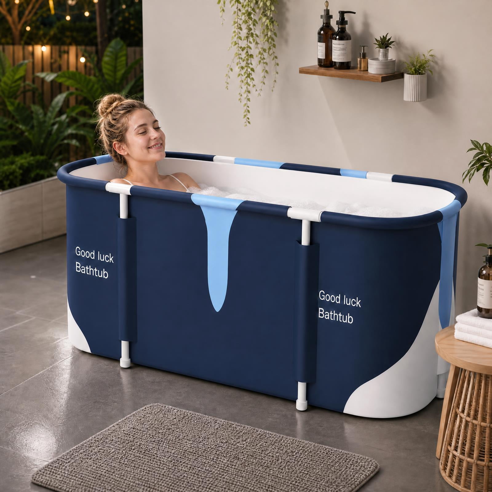 Beuway 55"Large Foldable Bathtub for Adult Kids, Portable Family Bath Tub for Ice Hot Bath(Blue)