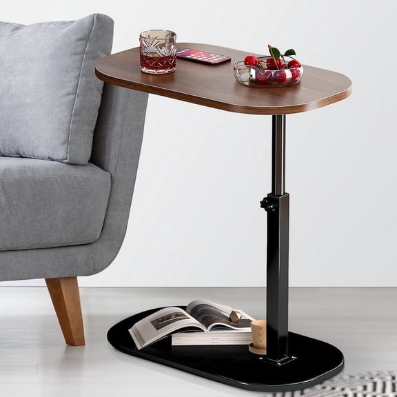 RICHYOUNG C Shaped Side Table,Adjustable-Height 360°Swivel Couch End Table that Slide Under(Walnut)