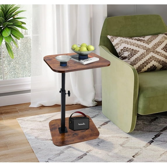 Beuway 15.7"Small End Table,360°Swivel Top & Adjustable Height Sofa C-Shaped Side Table for Living Room/Bedroom,Vintage Brown