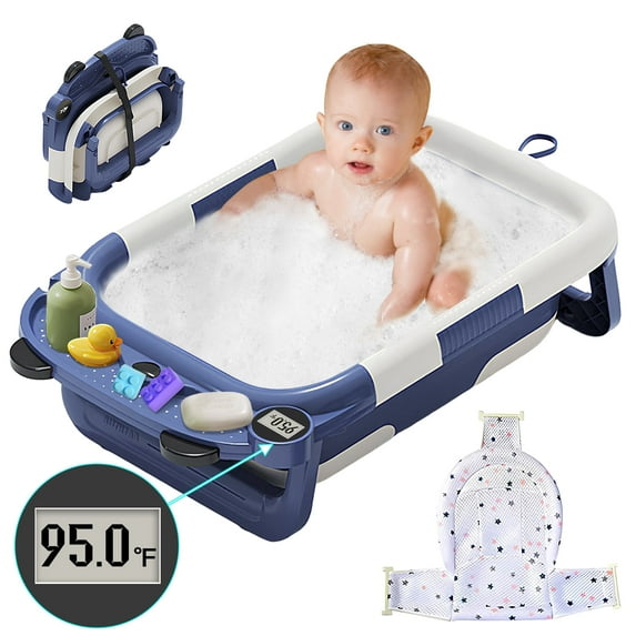 RICHYOUNG Foldable Baby Bathtub, Portable Bath Tub with Thermometer & Mesh Mat for Infant to Toddler,Blue