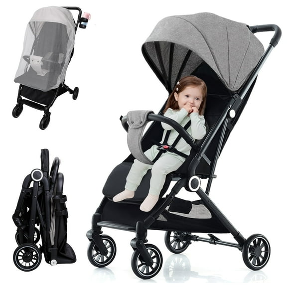 RICHYOUNG Folding Baby Stroller with Mosquito Net,Storage Basket,Adjustable Backrest/Canopy,Cup Holder(Gray)