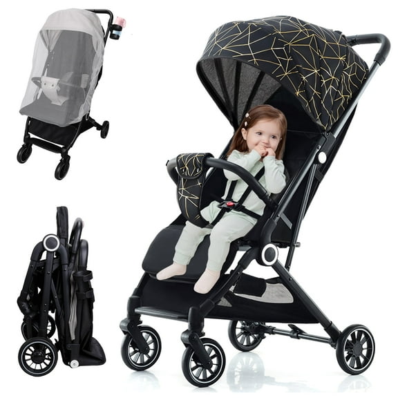 Beuway Folding Baby Stroller with Mosquito Net,Storage Basket,Adjustable Backrest/Canopy,Cup Holder(Black)