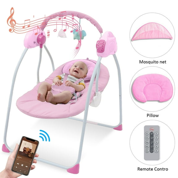 RICHYOUNG Folding Baby Swing for Infant,Bluetooth Music,Remote Control,5-Speed Baby Bouncer(Pink)