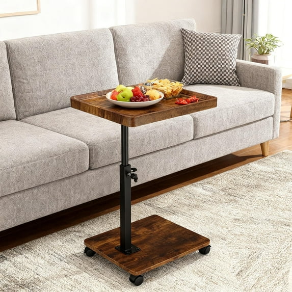 Beuway Edge-Raised C-Shaped Side Table with Wheels,Height Adjustable & 360°Swivel Top End Table(Vintage Brown Grain)