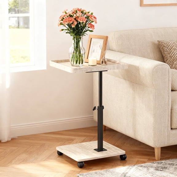 Beuway Edge-Raised C-Shaped Side Table with Wheels,Height Adjustable & 360°Swivel Top End Table(Beige Grain)