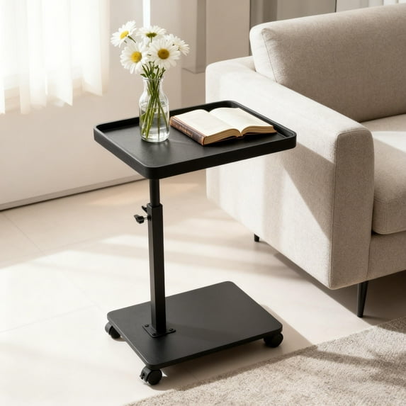 Beuway 15.74"C-Shaped Side Table with Wheels,Height Adjustable & 360°Swivel Tabletop End table(Black)