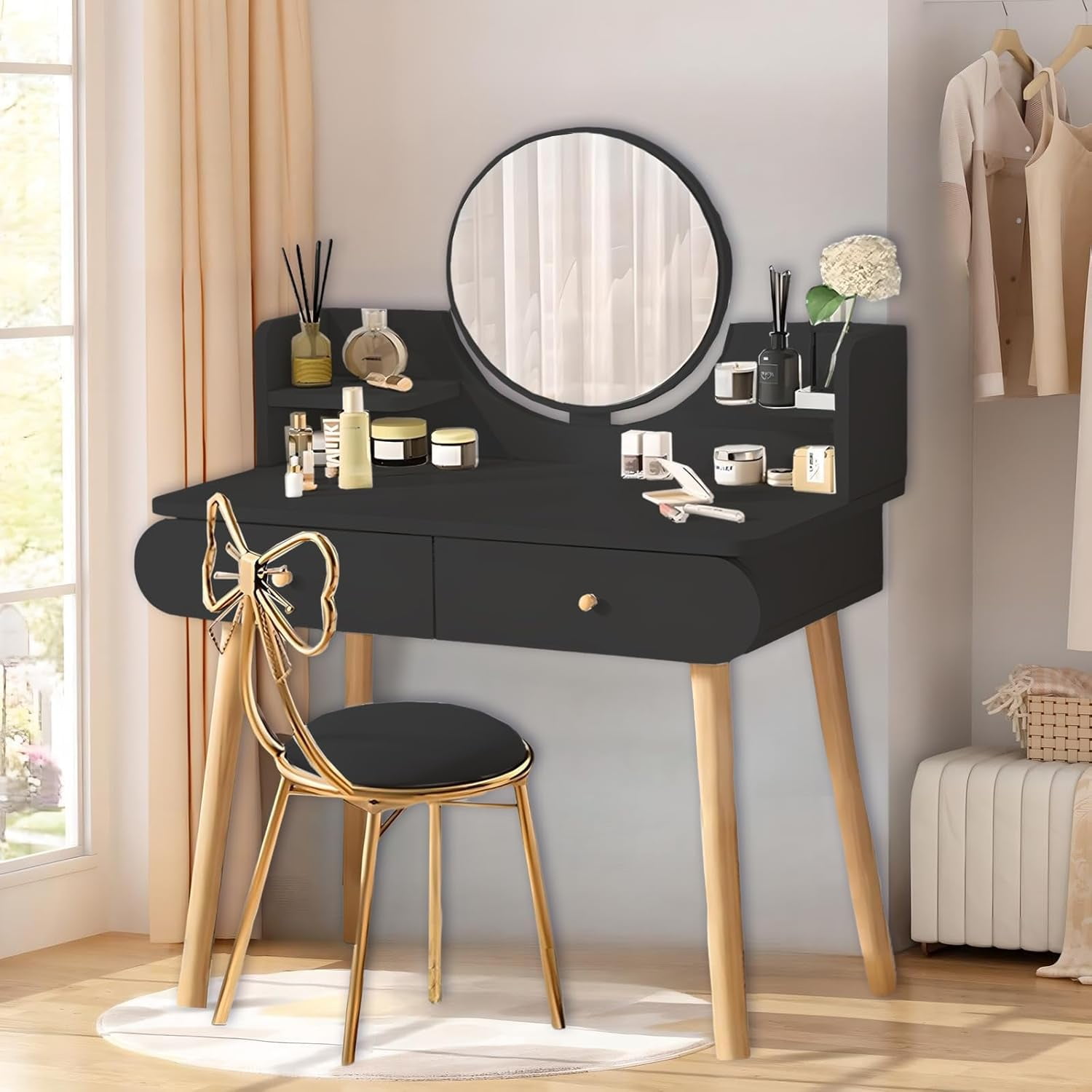 RICHYOUNG Makeup Vanity Table Set with Mirror,Dressing Desk with 2-Drawer for Bedroom(Black,No Stool)
