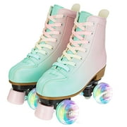 RICHYOUNG Roller Skate, Girls Women Fashion Classic High-top Roller Skates with Light up wheels, Green&Pink (Women's 5.5)