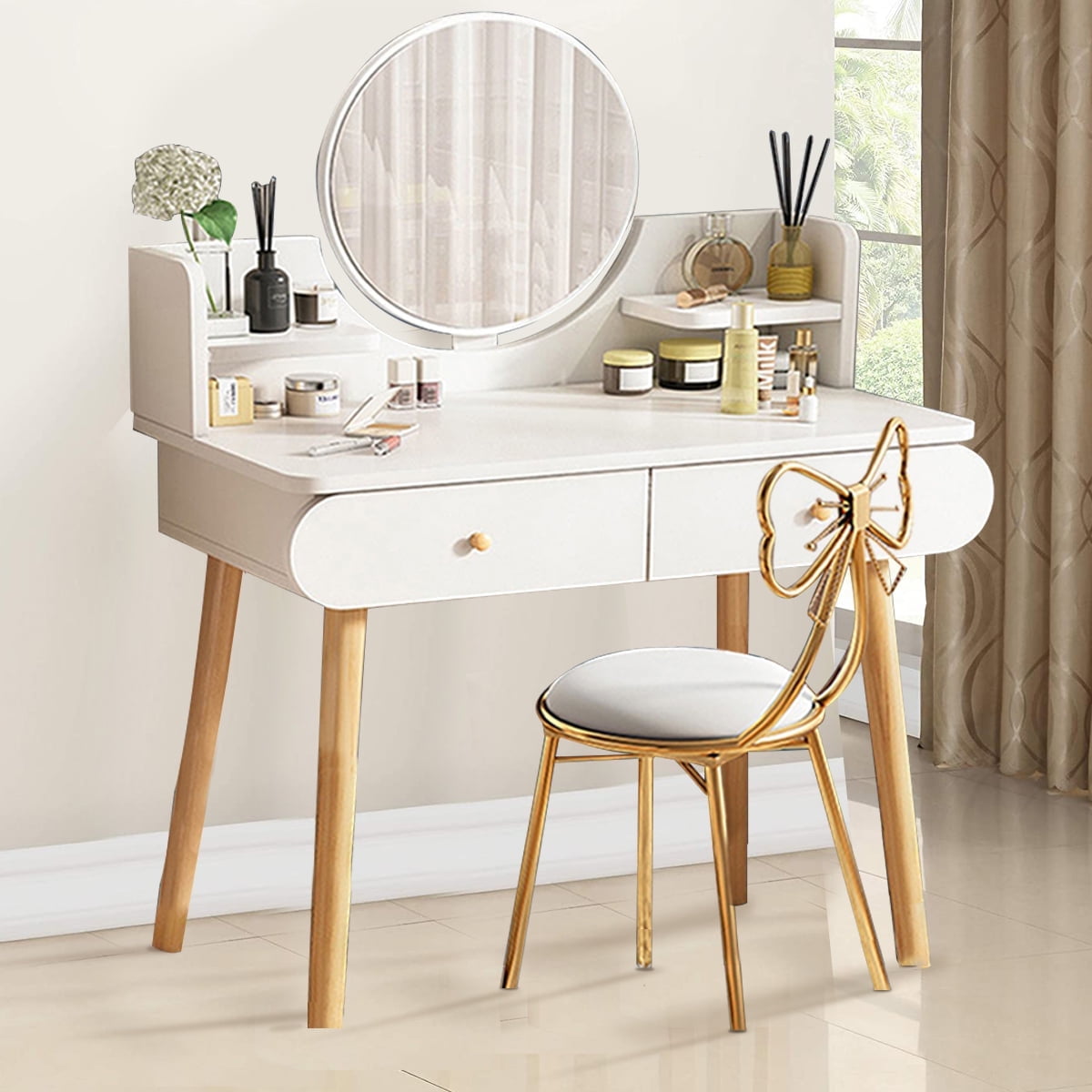 RICHYOUNG Vanity Table Set with Mirror, Makeup Table with 2 Large-Drawer for Bedroom, White(Without Stool)
