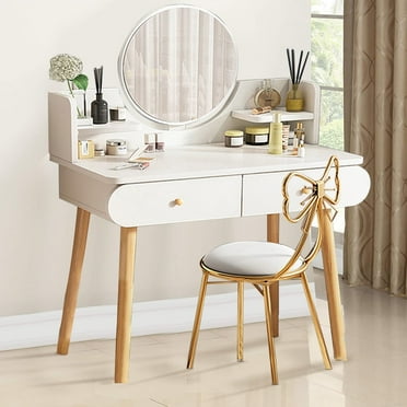 RICHYOUNG Vanity Table Set with Mirror, Makeup Table with 2 Large-Drawer for Bedroom, White(Without Stool)