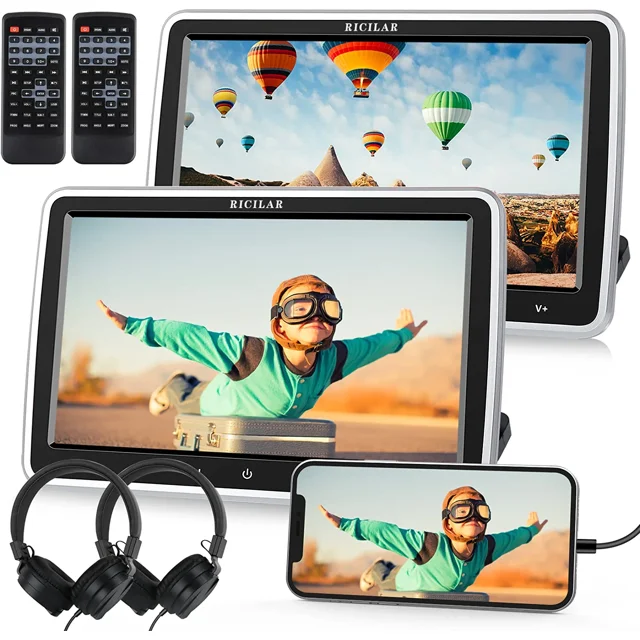 RICILAR Premium 10.5" Dual Screen Portable DVD Player for Car, Black