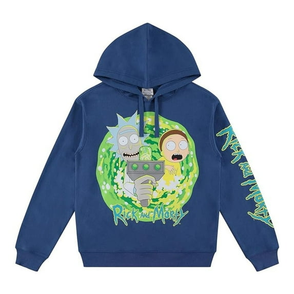Rick and Morty Women’s Hoodie, Classic Cartoon Multi Print Graphic Sweatshirt Blue – L