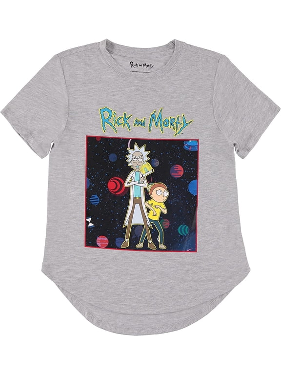Ladies Shirt - Ladies Classic Clothing - Rick Sanchez, Morty Smith, Summer, Jerry and Squanchy Curved Hem Tee Heather Grey, X-Large