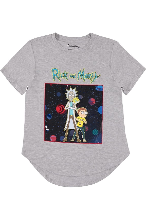 Ladies Shirt - Ladies Classic Clothing - Rick Sanchez, Morty Smith, Summer, Jerry and Squanchy Curved Hem Tee Heather Grey, X-Large