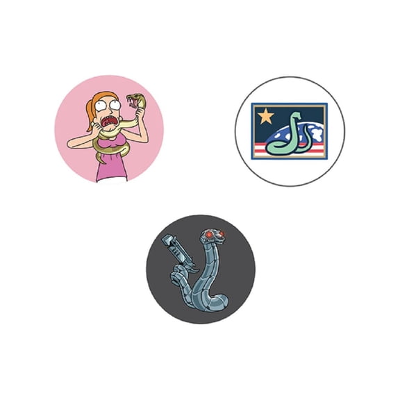 RICK & MORTY COMBO BUTTONS - R&M Choke, Snake Flag, & Silver Snake Artwork Combo 3 x Buttons