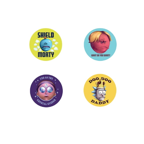 RICK & MORTY COMBO BUTTONS - Shield Morty, What Do You Want, Crystal Guides & King Rick Daddy Artwork 4 x Buttons