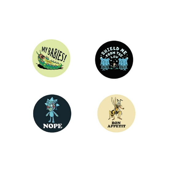 RICK & MORTY COMBO PACK BUTTONS - My Babies, Nope, Bon Appetit & Shield Me From the Law Artwork Combo 4 x Buttons