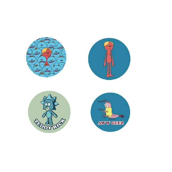 RICK & MORTY COMBO PACK BUTTONS - Orange Face and Man, Teddy Rick & Aww Geez Original Artwork Combo 4 x Buttons