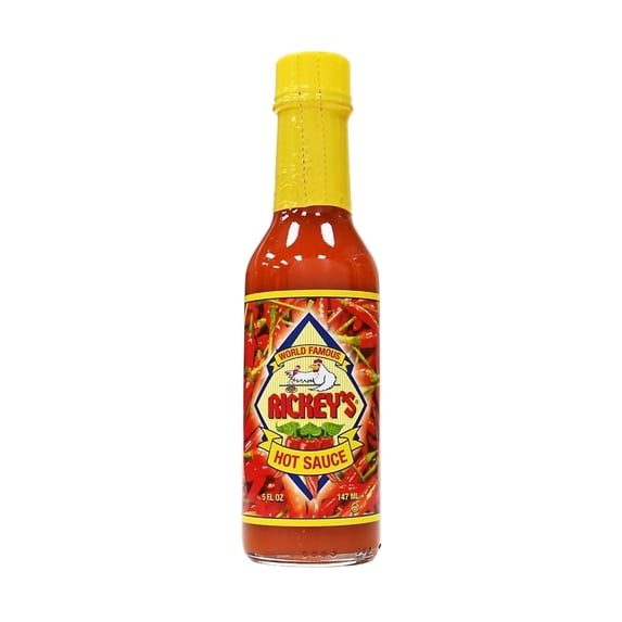 RICKEY'S Original World Famous Sauce, Gourmet Hot Sauce with Aged Red Peppers, Distilled Vinegar, Salt, Granulated Garlic, in a Bottle, 5 oz.