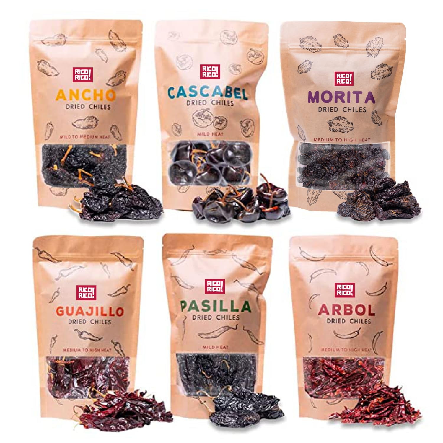 RICO RICO Dried Peppers 6 Pack Bundle - Ancho, Arbol, Guajillo, Pasilla ...