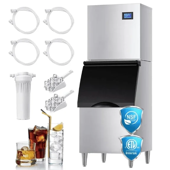 RICODO Commercial Ice Maker Machine 500LBS/24H with 350lbs Ice Bin, Nugget & Clear Cube Pellet Ice, Fast Ice Production in 8-15 Minutes, Efficient & Reliable for Restaurants