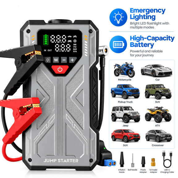 RICWIT Jump Starter with Compressor, 6000A Jump Box Car Battery Charger, Portable Jumper Starter Power Pack (8.0L Gas/6.5L Diesel),Rodeside Emergency Kit for Vehicle/Motorcycle Combo Tire Inflator