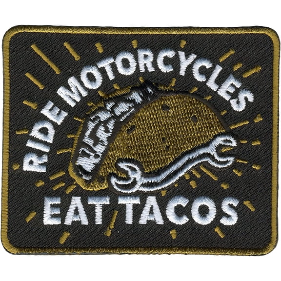 RIDE MOTORCYCLES EAT TACOS, PATCH - Embroidered High Thread Iron-On Heat Sealed Backing Sew-On Biker's Patch - 3" x 2.5"