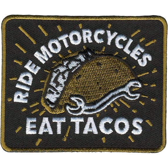 RIDE MOTORCYCLES EAT TACOS, PATCH - Embroidered High Thread Iron-On Heat Sealed Backing Sew-On Biker's Patch - 3" x 2.5"