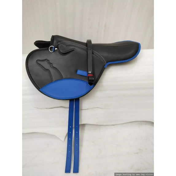 RIDEX PREMIUM LEATHER Blue Color Horse Saddle Bag Synthetic Treeless Freemax Synthetic Suede English Horse Saddles Tack Free Matching Girth Leather Straps [ Size: 18]