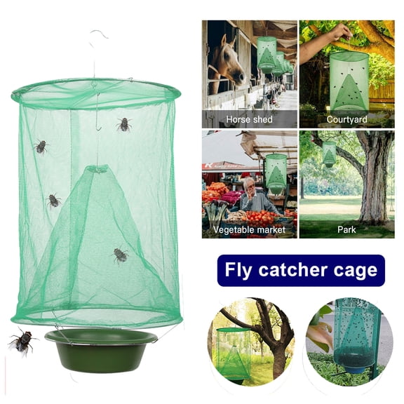 RIDWIND 1-Pack Ranch Fly Trap Reusable Hanging Fly Catcher Cage with Pots Flies Killer Control for Indoor and Outdoor, Family Farms, Park, Restaurants