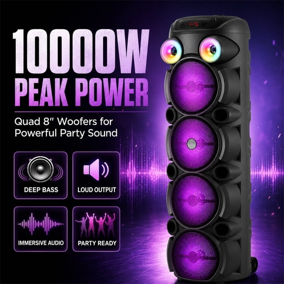 RIDWIND 10000W Peak Power Bluetooth Speakers Portable Wireless Speaker with Quad 8" Woofers ,FM Radio, Microphone, Lights, Remote Control TWS Stereo Sound System Speaker