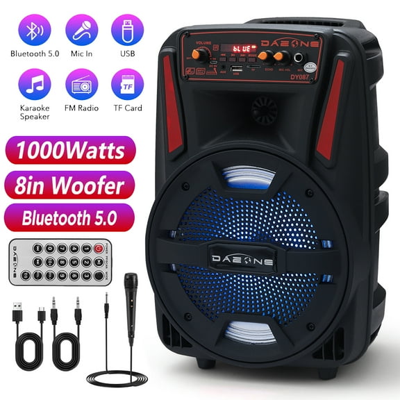 RIDWIND 1000W Peak Power Portable Wireless Speaker 8 inch Woofer Heavy Bass Sound System With Remote Control Wired Microphone Colorful Lights Support FM/AUX/MP3/USB/TF