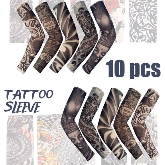 RIDWIND 10Pcs Tattoo Sleeves Fake Cooling Arm Sleeves Cover Realistic Soft Elasticity UV Protection for Men Women Working