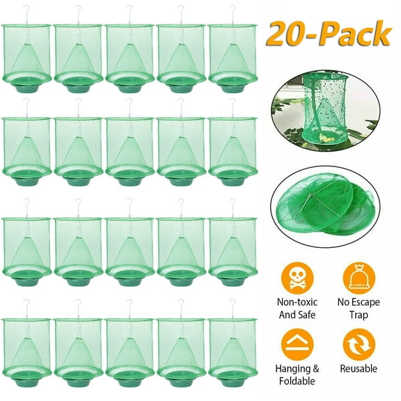 RIDWIND 20-Pack Ranch Fly Trap Reusable Hanging Fly Catcher Cage with Pots Flies Killer Control for Indoor and Outdoor, Family Farms, Park, Restaurants